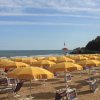 File ordinate di ombrelloni gialli su una spiaggia che si estende verso il mare.